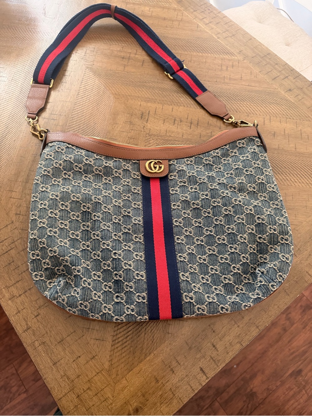 Gucci Denim GG Canvas Shoulder Bag with Red and Navy Stripe